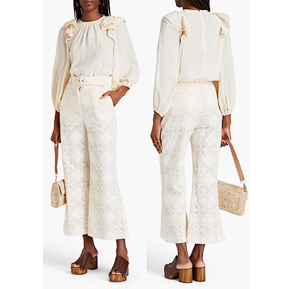 Zimmermann Cream Floral Lace Wide-Leg Pants